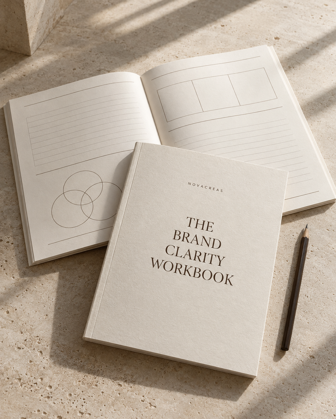 The Novacreas Brand Clarity Workbook with cream paper and a pencil